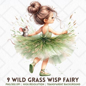 Puede incluir: Una ilustración de acuarela de un hada con cabello castaño y un vestido verde. Ella sostiene un tallo de hierba verde en su mano y un pequeño ratón está sentado en su vestido. El fondo es un patrón de cuadros blancos.