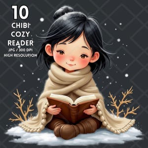 Watercolor Cute Chibi Cozy Reader Clipart JPG, Winter Girl Clipart, Digital Planners, Digital Download, Scrapbooks, Digital Sticker