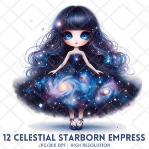 Princesa Galáxia Clipart, Fada Cósmica, Vestido Noite Estrelada, Garota Espacial Kawaii, Fantasia Celestial JPG, Imperatriz Celestial Nascida nas Estrelas em Papel Artesanal