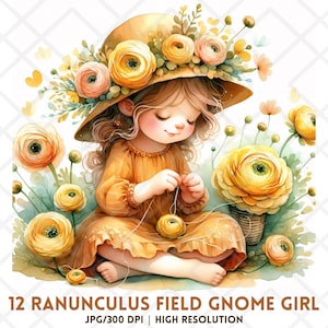 Renoncule Cottagecore Gnome Girl JPG, Clipart floral fantaisiste, fleur jaune vintage, art bohème cosy, décoration de ferme douce