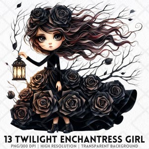Twilight Enchantress Girl Clipart, Whimsical Windswept Hair Girl PNG Watercolor Fairytale Cartoon Girl Clipart, Digital Download Paper Craft