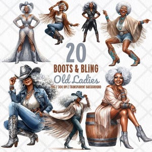 Stivali e Bling Afro Old Ladies Clipart PNG, Groovy Western Black African American Nonna Clipart, Sparkly Rodeo Queen Digital Stickers