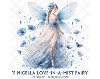 May include: A watercolor painting of a fairy with blue wings and a white dress standing in a field of blue flowers. The fairy has long blonde hair and is wearing a flower crown.
