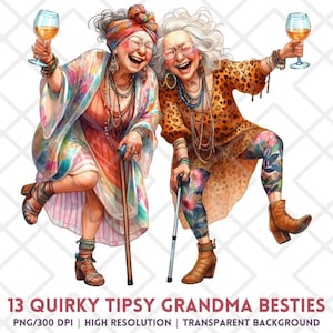 Leuke wijndrinkende oude dames clipart png, eigenzinnige oma beste vrienden, wilde en stijlvolle senior vrouwen digitale sticker, grappige wijnliefhebber