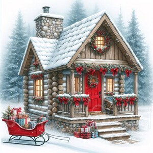 May include: A snowy Christmas scene depicts a log cabin with a red door and a snow-covered roof. The cabin is decorated with wreaths and red bows. A red sled filled with gifts sits in front of the cabin, with a small Christmas tree to the left.