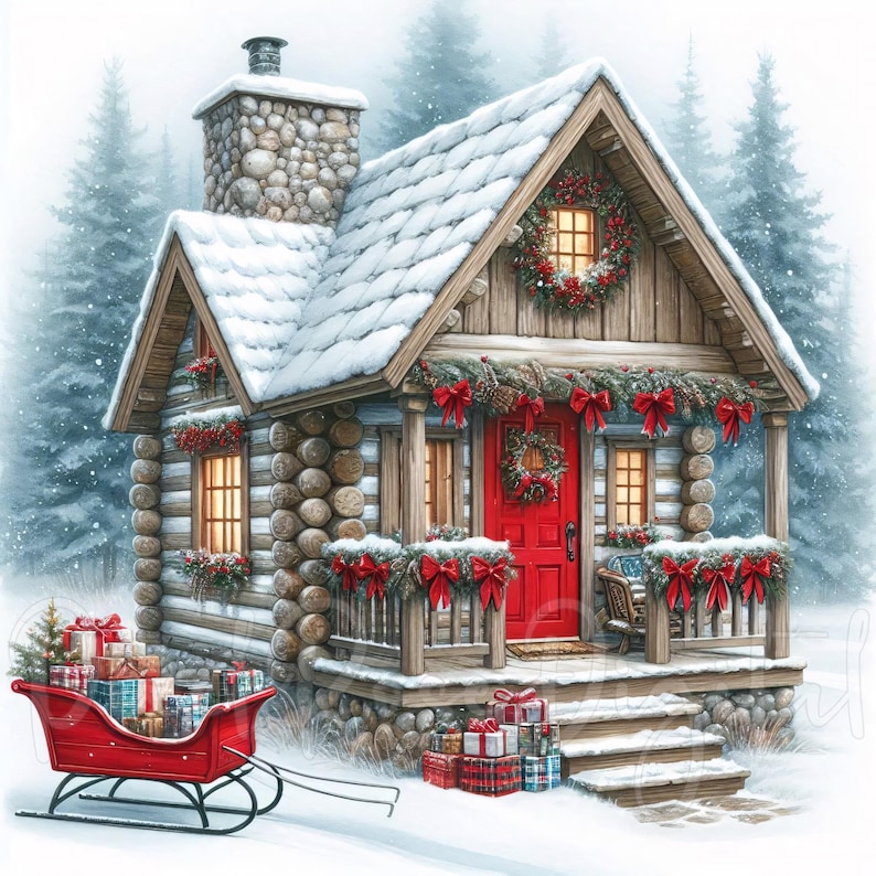 May include: A snowy Christmas scene depicts a log cabin with a red door and a snow-covered roof. The cabin is decorated with wreaths and red bows. A red sled filled with gifts sits in front of the cabin, with a small Christmas tree to the left.