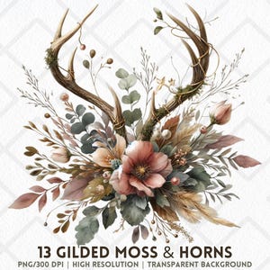 May include: Watercolor illustration featuring a pair of brown antlers adorned with gilded accents and greenery. A bouquet of flowers in shades of pink, peach, and brown is nestled below. The text "13 GILDED MOSS & HORNS" is at the bottom.