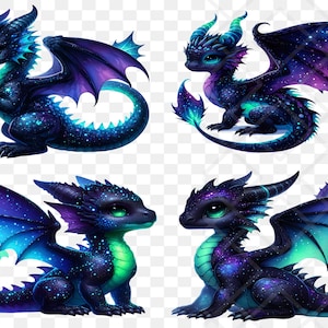 Puede incluir: Cuatro ilustraciones de dragones de fantas&iacute;a. Cada drag&oacute;n tiene un cuerpo azul oscuro con un patr&oacute;n de estrellas, ojos verdes y alas moradas y azules. Los dragones est&aacute;n en varias poses, algunos con colas enroscadas.