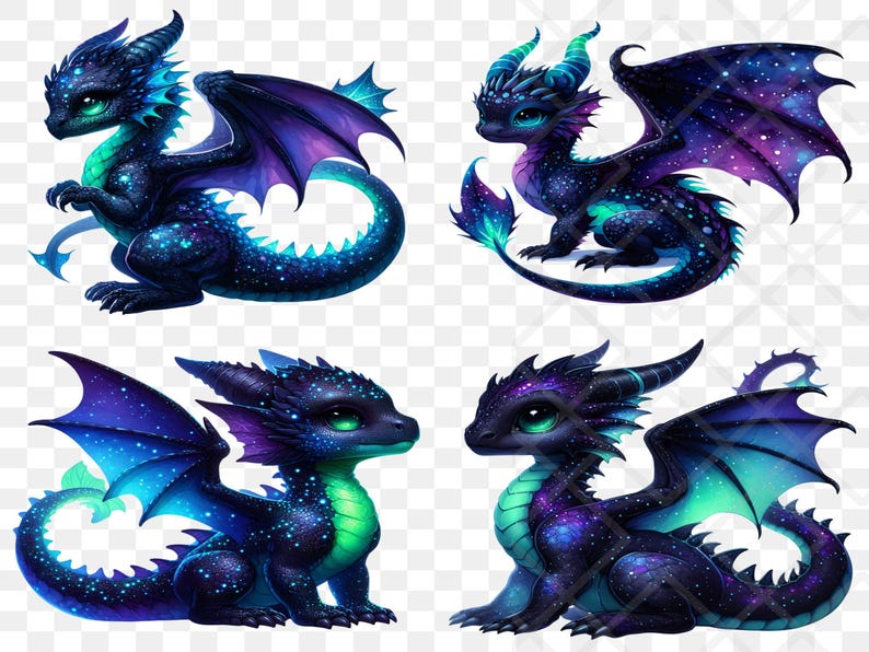 Puede incluir: Cuatro ilustraciones de dragones de fantas&iacute;a. Cada drag&oacute;n tiene un cuerpo azul oscuro con un patr&oacute;n de estrellas, ojos verdes y alas moradas y azules. Los dragones est&aacute;n en varias poses, algunos con colas enroscadas.