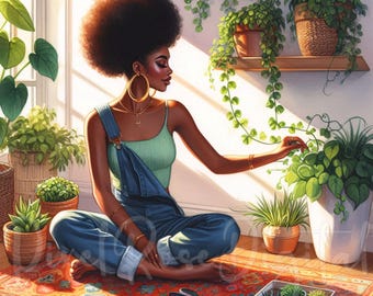 12 Afro Woman Plant Lover Clipart Lucky St Patrick's Plant Lady Black Girl Indoor Garden JPG sublimatie digitale sticker ongewenste tijdschriften