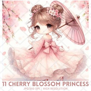 Bailarina de flor de cerezo en acuarela (JPG), chica kawaii de ensueño con sakura pastel, cuento de hadas caprichoso, chibi con sombrilla vintage, clipart de chica de ballet