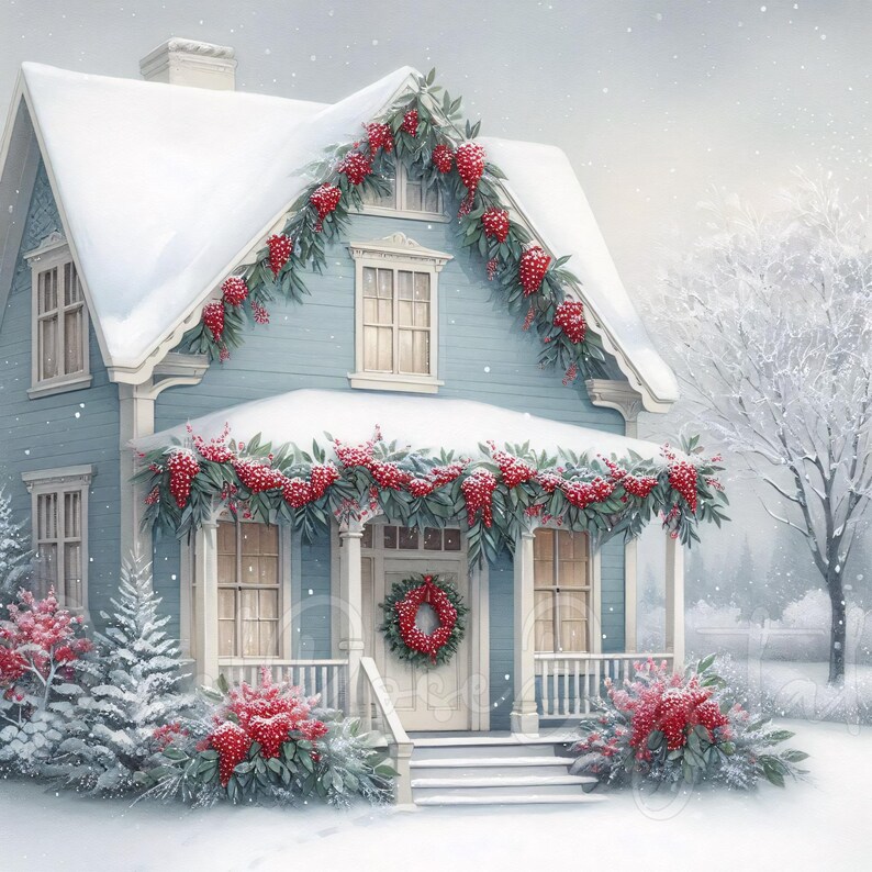 14 Victorian Christmas House Clipart JPG Blue Winter Cottage With ...