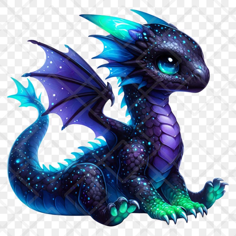 Puede incluir: Ilustraci&oacute;n digital de un beb&eacute; drag&oacute;n con un cuerpo azul oscuro cubierto de peque&ntilde;os puntos azules brillantes. El drag&oacute;n tiene ojos grandes y azules, escamas moradas en el vientre y alas azules y moradas. Sus garras y cuernos son verdes.