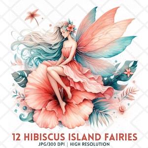Hibiscus Island Fairies JPG, Adesivo digitale fantasy estivo ad acquerello, Clipart di fate floreali tropicali, Stampa a sublimazione di spiaggia di fate stravaganti