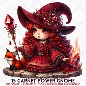 Clipart de gnomo de granada PNG Gnomo de garota de poder vermelho com cajado de cristal Raposa Fogo Magia Fantasia PNG Sublimação Adesivo digital Diários de lixo