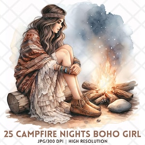 Aquarell ziemlich Boho Mädchen Camping Clipart, Lagerfeuer Nächte Boho Mädchen Clipart, gemütliche Boho Frau, digitale Aufkleber, Scrapbooking Junk Journal