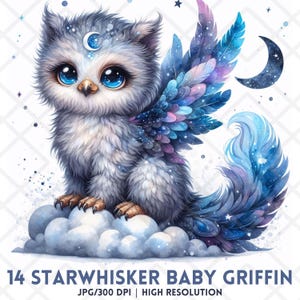 Könnte beinhalten: Eine digitale Illustration eines Baby-Greifs mit großen blauen Augen, der auf einer Wolke sitzt. Der Greif hat graues und weißes Fell mit blau-violetten Federflügeln. Das Bild enthält den Text "14 STARWHISKER BABY GRIFFIN".