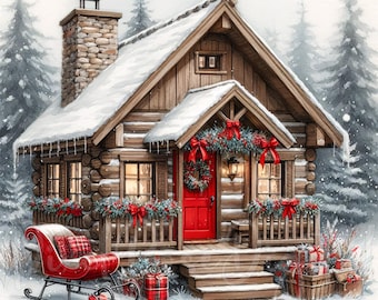 15 Cabañas navideñas PNG, acogedora casa pequeña de invierno con puerta roja, arte navideño nevado para sublimación, pegatinas, diarios y manualidades.
