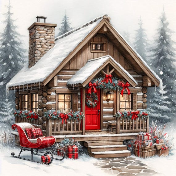 15 Christmas Log Cabin Clipart PNG Cozy Winter Tiny House with Red Door Snowy Holiday Art for Sublimation Stickers Journaling Crafts