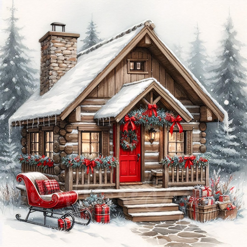Digital watercolor clipart of a small snow-covered log cabin decorated for Christmas with red bows, pine garlands, a wreath on the bright red door, and icicles hanging from the roof. A red sleigh with plaid pillows, wrapped gifts, and frosted evergreens surround the cozy home. Perfect for winter stickers, sublimation, and journaling.