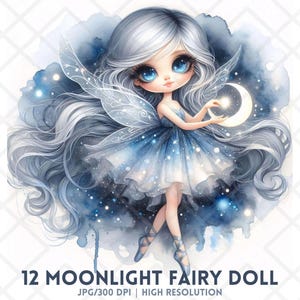 Fada do luar Chibi Clipart, Garota de fantasia celestial JPG, Céu noturno caprichoso, Fada kawaii sonhadora, Princesa mágica estrelada, Arte digital