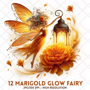 Marigold Glow Fairies JPG, Clipart fée doré chaud, sticker numérique lanterne fleur lunatique, Fae aquarelle pour créations créatives d'été