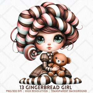 May include: A digital illustration of a seated gingerbread girl with large eyes and a whimsical hairstyle of brown, pink, and white swirls. She wears a brown dress and holds a gingerbread bear. The text "13 GINGERBREAD GIRL" is at the bottom.