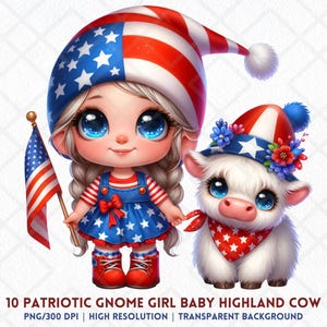 Fille gnome patriotique avec bébé vache Highland PNG, 4 juillet Clipart, Sublimation Memorial Day, carte autocollant numérique rouge blanc bleu USA