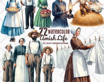 The Amish Life Watercolor PNG, Traditional Amish Family Clipart, Rural Country Living Art, Simple Farm Life, Digital Sublimation Design
