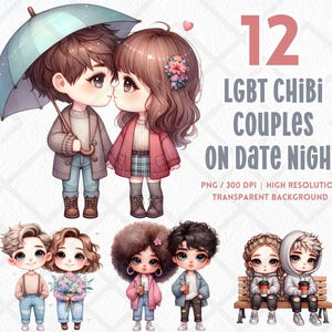 LGBT Chibi Paare bei Date Night Clipart Pride Month LGBTQIA Pride Flagge LGBTQIA PNG Digital Download Junk Journal Digital Sticker