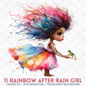 Rainbow After Rain Girl Clipart, Whimsical Windswept Hair Girl PNG, Watercolor Fairytale Cartoon Girl Clipart, Digital Download Junk Journal