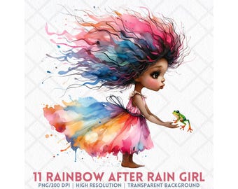 Rainbow After Rain Girl Clipart, Whimsical Windswept Hair Girl PNG, Watercolor Fairytale Cartoon Girl Clipart, Digital Download Junk Journal