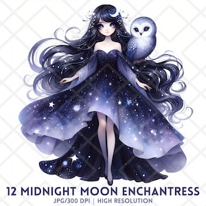 Dreamy Fantasy Girl Clipart, Princesa caprichosa da noite estrelada, Feiticeira da lua da meia-noite celestial, Design de sublimação