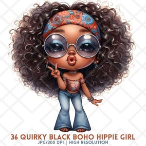 Czarna dziewczyna PNG, słodkie czarne dziewczyny Clipart, dziwaczna czarna dziewczyna boho hippie, kręcone włosy afro, groovy vintage afroamerykanin, naklejka cyfrowa