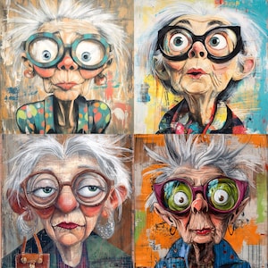 May include: A collage of four paintings featuring colorful portraits of older women with exaggerated features, including large eyes and glasses. The women are depicted with different hairstyles and clothing.