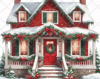 13 imágenes prediseñadas de casa navideña roja en acuarela, cabaña festiva navideña con guirnalda y corona, escena invernal, JPG, tarjetas, scrapbooking, manualidades navideñas