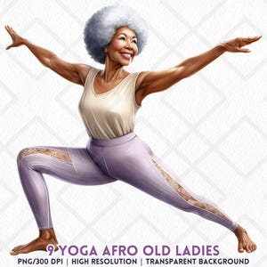 Yoga Afro Old Lady Clipart PNG African American Yogi Senior Woman Black Elderly Yoga Pose Transparent PNG Journaling Scrapbook
