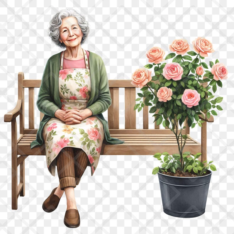 Gardening Old Lady Clipart PNG Cute Grandma Cottagecore Granny Floral ...