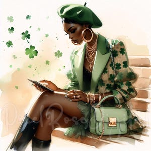 May include: Watercolor illustration of a person in a green outfit, including a beret, blazer, and purse. The blazer has a clover pattern. Gold jewelry and a black boot are also visible. The person is holding a tablet. Green clovers float in the background.
