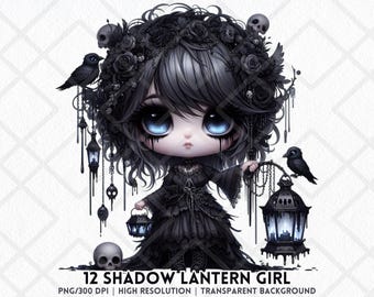 Imágenes prediseñadas PNG de chica con linterna oscura gótica, linda y espeluznante chica bruja chibi, imágenes prediseñadas de Halloween gótico caprichoso PNG para scrapbooking y sublimación