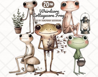20 Weirdcore Cottagecore Frog PNG Bundle Skinny Frog Clipart Funny Frog Cottage Frog Sublimation Transparent Digital Sticker Junk Journals