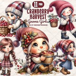 Bundle de cliparts aquarelle fille nain récolte canneberges PNG Clipart aquarelle gnome fille mignon autocollant sublimation ferme journal indésirable
