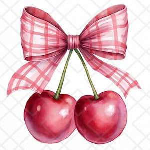 Pode incluir: Duas cerejas vermelhas amarradas com um laço de xadrez rosa e branco.
