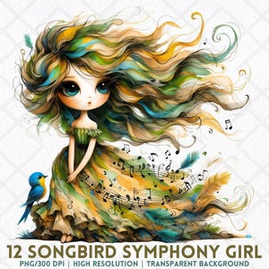 Songbird Symphony Girl Clipart, Whimsical Windswept Hair Girl PNG, Watercolor Fairytale Cartoon Girl Clipart, Digital Download Junk Journal