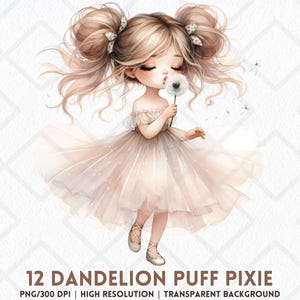 Könnte beinhalten: Eine digitale Illustration eines jungen Mädchens mit blonden Haaren und einem rosa Kleid, das auf einen Löwenzahn bläst. Der Hintergrund ist weiß.