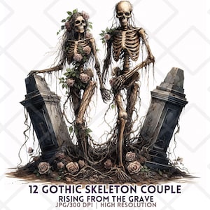 Casal de esqueletos góticos clipart JPG Halloween esqueleto noiva noivo cemitério esqueletos assustadores adesivo digital sublimação lixo diário artesanato