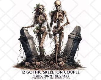 May include: An illustration of a gothic skeleton couple holding hands, rising from the grave. The skeletons are adorned with roses and vines, standing next to weathered tombstones. The image has the text "12 GOTHIC SKELETON COUPLE RISING FROM THE GRAVE".