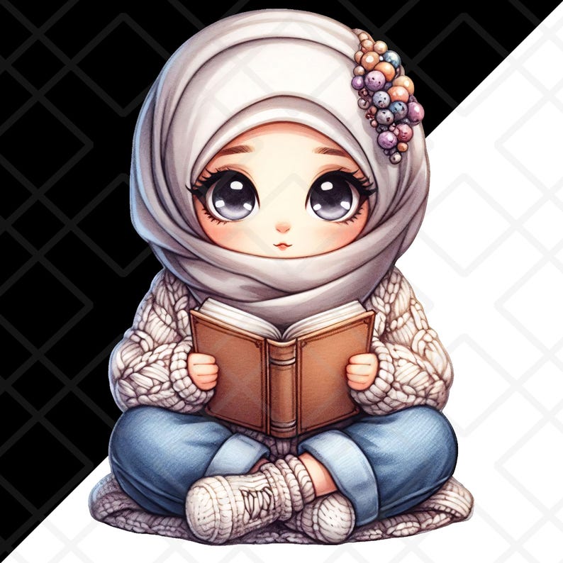 Modesty Sticker Islam Cute Hijabi Chibi Girl Clipart Bookworm Muslim Islam Muslimah PNG ...