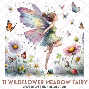 Wildblumen Wiese Feen JPG, Aquarell Feen Clipart, Sommer Feen mit Blumen und Schmetterlingen, Fantasy Blumenkunst zum Basteln