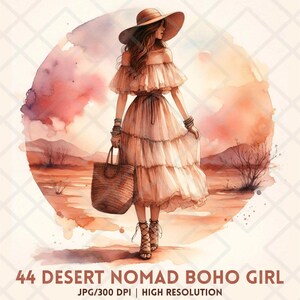 Aquarell Sonnenuntergang Boho Girl JPG, hübsche Boho Girl Fernweh Clipart, Sunset Desert Wanderer Boho Girl Digitale Aufkleber Scrapbooking